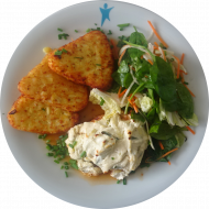 Putensteak mit Frischkäse und Lauch gratiniert (1,19,54,62) an Sauce Choron (8,15,19,24,44,62) dazu Kartoffelröstiecken und Salatgarnitur
