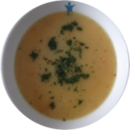 Kartoffelsuppe 'Sächsische Art' mit Wurzelgemüse (3,21) und 1 Apfel dazu Einsiedler Landbierbrot (81,82,83) 