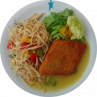 Vegan: Chinaschnitte (21,22,81) mit Currysoße (81) dazu chinesische Bratnudeln (18,81) und fruchtige Salatgarnitur