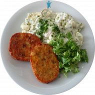 2 Gemüsefrikadellen (15,81) dazu hausgemachter Kartoffelsalat (9,15,19,22,81) und Salatgarnitur