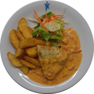 Gegrilltes 'Martini Hähnchen' nach provenzalischer Art mit Tomaten und Thymian (19,24,44,49,54) dazu Kartoffelspalten und Salatgarnitur