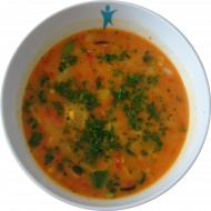 Vegetarische Currysuppe mit Asiagemüse (18,19,49) dazu Muschelbrötchen (81,82,83)