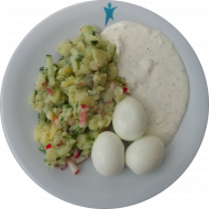 Gekochte Eier (15) mit Kräuterremouldade (3,9,15,19,21,81) dazu Kartoffelsalat mit Radieschen, Gurke und Kräutern (9,22) dazu frisches Obst