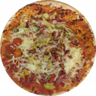 Pizza 'Diavolo' belegt mit Salami, milder Peperoni, Paprikastreifen und Gouda(1,2,3,19,51,52,81) 