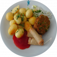 Vegan: Vegieteller - Quinoa-Erbsen-Frikadelle (21) und 3 Minifrühlingsrollen (18,81) mit Thai-Dip (9), würzige Chili-Kräuter-Kartoffeln, Garnitur