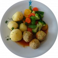 Vegan: Gemüsebällchen (18,21,81), Bratenjus (81), feine Gemüsemischung, Petersilienkartoffeln