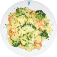 Kartoffel-Brokkoli-Gratin mit Möhrchen (1,19), dazu Gorgonzolasoße mit Gartenkräutern (19)