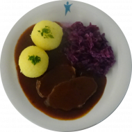 Sauerbraten in würziger Lebkuchensoße (1,3,21,52,81,82) dazu Apfelrotkraut mit Speck (3,51) und 2 grüne Klöße (2,3,24)