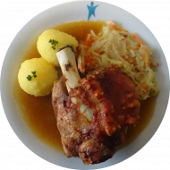Krosse Münchner Schweinehax´n (3,21,48,49,51) und Sauerkraut mit Speck (51) dazu Kartoffelknödel (3,24)