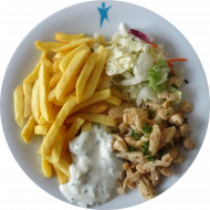 Sojageschnetzelts 'Gyros Art' (18,49) mit veganem Zaziki-Dip (3,18,49) dazu Pommes frites und Weißkrautsalat