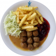 schwedische Köttbullar (15,51,52,81) mit Rahmsoße, Preiselbeeren (19,52,81) , dazu Pommes frites und Petersilien- Weißkrautsalat (49)