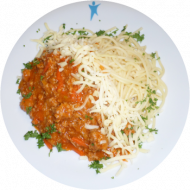 Spaghetti (81) mit Hackfleischsoße 'Bologneser Art' (3,21,51,81) dazu geriebener Gouda (1,19) oder vegan: Tofubolognese (18,21,49,81) 
