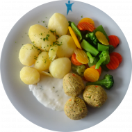 Vegan: Gemüsebällchen (18,21,81) dazu Kressesoße (18,81) und feine Gemüsemischung mit Petersilienkartoffeln