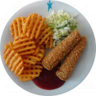 Vegan: 2 Sesam-Karottenstick´s (23,81) mit BBQ-Dip (9,21), Gitterkartoffeln (81) und ein kleiner Weißkrautsalat mit Lauchröllchen
