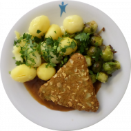 Vegan : Brokkoli-Nuss-Ecke mit Gemüsejus (3,21,81,84) , Rosenkohlgemüse und Petersilienkartoffeln