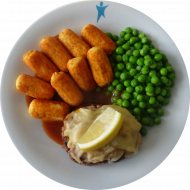 Schweinerückensteak 'au four' (1,19,22,24,44,51,81) an Bratensoße (81) und Buttererbsen (19) dazu Kroketten (81)