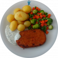 Vegan: Gemüse-Knusperschnitzel (21,81,85) mit Sojajoghurt-Kräuter-Dip (3,18) dazu Marktgemüse und würzige Schwenkkartoffeln
