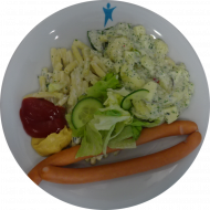 Wiener Würstchen mit Ketchup und Senf (1,2,3,9,22,51) dazu Kartoffelsalat nach 'Hausfrauen Art' oder Nudelsalat (3,9,15,19,21,81) und Garnitur