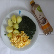 Rührei (15) mit Spinat (81) und Petersilienkartoffeln + 1 Apfelgetränk