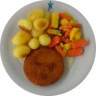 Blumenkohl-Knuspermedaillon (21,81) mit Kressesoße (18,49) und Rustiko Carrots dazu würzige Schwenkkartoffeln