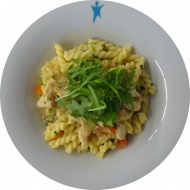 Hähnchenbrustragout in Rucolasoße und Krawattennudeln mit Tomatenwürfeln, Lauch und frischem Basilikum (19,49,54,81)