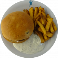 Burger 'Greek Style' mit hausgemachtem Zaziki, Hirtenkäse, Tomate, Peperoni und roter Zwiebel (19,22,49,52,81) dazu Rustico Frites
