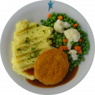 Panierte Jägerschnitte (2,3,8,15,19,22,51,81) oder Gemüseschnitzel (81,85) dazu Petersilienpüree (3,19) und Geflügelsoße (81) und Mischgemüse 