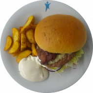 Die Empfehlung des Tages: Blue Cheese-Burger mit Gorgonzola, Birnen-Zwiebel-Marmelade, Mayonnaise und Eisbergsalat (9,15,19,22,24,52,81,83) dazu Kartoffelspalten 