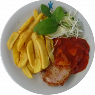Schweinerückensteak 'Letscho' (9,51,81), Steakfries, gemischter Salat 