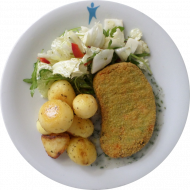 Vegan: Gemüse-Knusperschnitzel (21,81,85) mit Kräutersoße und würzigen Schwenkkartoffeln, Salatgarnitur