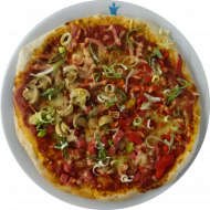 Sie können aus 6 verschiedenen Pizzavariationen wählen. Heutige Tagesempfehlung: Pizza 'Quattro Stagioni' mit Schinken, Salami, Paprika, Champignons und Käse (1,2,3,19,21,46,81)