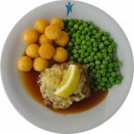 Schweinerückensteak 'au four' (1,19,22,24,81) mit Bratensoße (81) dazu Erbsengemüse und Kartoffelbällchen (81)