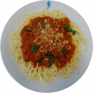 Spaghetti (62,81) mit Hackfleischsoße 'Bologneser Art' (21,51,62,81) dazu geriebener Gouda (19) 